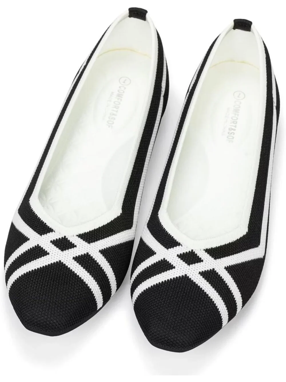 Frank Mully Women's Black White Rubber Knit Square Toe Comfortable Slip On Flats